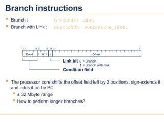 23
23
 Branch : B{<cond>} label
 Branch with Link : BL{<cond>} subroutine_label
 The processor core shifts the offset field left by 2 positions, sign-extends it
and adds it to the PC
 ± 32 Mbyte range
 How to perform longer branches?
28
31 24 0
Cond 1 0 1 L Offset
Condition field
Link bit 0 = Branch
1 = Branch with link
23
25
27
Branch instructions
 