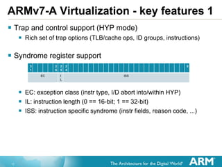 11
ARMv7-A Virtualization - key features 1
 Trap and control support (HYP mode)
 Rich set of trap options (TLB/cache ops, ID groups, instructions)
 Syndrome register support
 EC: exception class (instr type, I/D abort into/within HYP)
 IL: instruction length (0 == 16-bit; 1 == 32-bit)
 ISS: instruction specific syndrome (instr fields, reason code, ...)
3
1
2
6
2
5
2
4
0
EC I
L
ISS
 