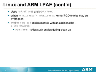 25
Linux and ARM LPAE (cont’d)
 Uses pgd_alloc() and pgd_free()
 When PHYS_OFFSET > PAGE_OFFSET, kernel PGD entries may be
overridden
 swapper_pg_dir entries marked with an additional bit –
L_PGD_SWAPPER
 pgd_free() skips such entries during clean-up
 