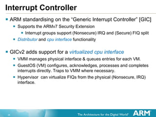 29
Interrupt Controller
 ARM standardising on the “Generic Interrupt Controller” [GIC]
 Supports the ARMv7 Security Extension
 Interrupt groups support (Nonsecure) IRQ and (Secure) FIQ split
 Distributor and cpu interface functionality
 GICv2 adds support for a virtualized cpu interface
 VMM manages physical interface & queues entries for each VM.
 GuestOS (VM) configures, acknowledges, processes and completes
interrupts directly. Traps to VMM where necessary.
 Hypervisor can virtualize FIQs from the physical (Nonsecure, IRQ)
interface.
 
