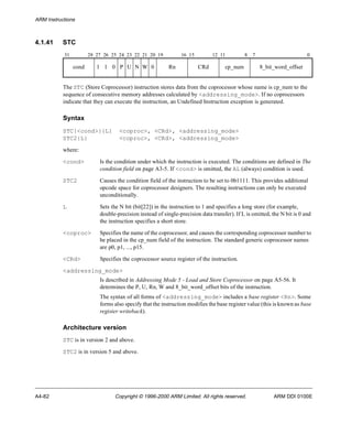 ARM Instructions 
4.1.41 STC 
31 28 27 26 25 24 23 22 21 20 19 16 15 12 11 8 7 0 
cond 1 1 0 P U N W 0 Rn CRd cp_num 8_bit_word_offset 
The STC (Store Coprocessor) instruction stores data from the coprocessor whose name is cp_num to the 
sequence of consecutive memory addresses calculated by <addressing_mode>. If no coprocessors 
indicate that they can execute the instruction, an Undefined Instruction exception is generated. 
Syntax 
STC{<cond>}{L} <coproc>, <CRd>, <addressing_mode> 
STC2{L} <coproc>, <CRd>, <addressing_mode> 
where: 
<cond> Is the condition under which the instruction is executed. The conditions are defined in The 
condition field on page A3-5. If <cond> is omitted, the AL (always) condition is used. 
STC2 Causes the condition field of the instruction to be set to 0b1111. This provides additional 
opcode space for coprocessor designers. The resulting instructions can only be executed 
unconditionally. 
L Sets the N bit (bit[22]) in the instruction to 1 and specifies a long store (for example, 
double-precision instead of single-precision data transfer). If L is omitted, the N bit is 0 and 
the instruction specifies a short store. 
<coproc> Specifies the name of the coprocessor, and causes the corresponding coprocessor number to 
be placed in the cp_num field of the instruction. The standard generic coprocessor names 
are p0, p1, ..., p15. 
<CRd> Specifies the coprocessor source register of the instruction. 
<addressing_mode> 
Is described in Addressing Mode 5 - Load and Store Coprocessor on page A5-56. It 
determines the P, U, Rn, W and 8_bit_word_offset bits of the instruction. 
The syntax of all forms of <addressing_mode> includes a base register <Rn>. Some 
forms also specify that the instruction modifies the base register value (this is known as base 
register writeback). 
Architecture version 
STC is in version 2 and above. 
STC2 is in version 5 and above. 
A4-82 Copyright © 1996-2000 ARM Limited. All rights reserved. ARM DDI 0100E 
 
