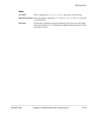 ARM Instructions 
Notes 
Use of R15 If R15 is specified for <Rd>, <Rn>, or <Rm>, the result is UNPREDICTABLE. 
Operand restrictions If the same register is specified as <Rn> and <Rm>, or <Rn> and <Rd>, the result 
is UNPREDICTABLE. 
Data abort If a data abort is signaled on either the load access or the store access, the loaded 
value is not written to <Rd>. If a data abort is signaled on the load access, the store 
access does not occur. 
ARM DDI 0100E Copyright © 1996-2000 ARM Limited. All rights reserved. A4-105 
 