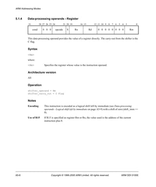 ARM Addressing Modes 
5.1.4 Data-processing operands - Register 
31 28 27 26 25 24 21 20 19 16 15 12 11 10 9 8 7 6 5 4 3 0 
cond 0 0 0 opcode S Rn Rd 0 0 0 0 0 0 0 0 Rm 
This data-processing operand provides the value of a register directly. The carry-out from the shifter is the 
C flag. 
Syntax 
<Rm> 
where: 
<Rm> Specifies the register whose value is the instruction operand. 
Architecture version 
All 
Operation 
shifter_operand = Rm 
shifter_carry_out = C Flag 
Notes 
Encoding This instruction is encoded as a logical shift left by immediate (see Data-processing 
operands - Logical shift left by immediate on page A5-9) with a shift of zero (shift_imm == 
0). 
Use of R15 If R15 is specified as register Rm or Rn, the value used is the address of the current 
instruction plus 8. 
A5-8 Copyright © 1996-2000 ARM Limited. All rights reserved. ARM DDI 0100E 
 