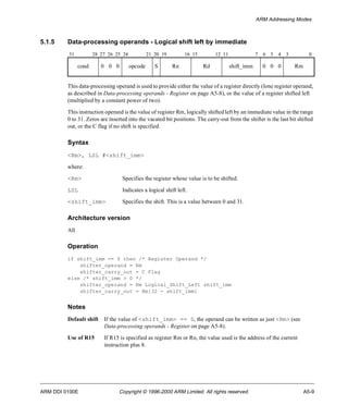 ARM Addressing Modes 
5.1.5 Data-processing operands - Logical shift left by immediate 
31 28 27 26 25 24 21 20 19 16 15 12 11 7 6 5 4 3 0 
cond 0 0 0 opcode S Rn Rd shift_imm 0 0 0 Rm 
This data-processing operand is used to provide either the value of a register directly (lone register operand, 
as described in Data-processing operands - Register on page A5-8), or the value of a register shifted left 
(multiplied by a constant power of two). 
This instruction operand is the value of register Rm, logically shifted left by an immediate value in the range 
0 to 31. Zeros are inserted into the vacated bit positions. The carry-out from the shifter is the last bit shifted 
out, or the C flag if no shift is specified. 
Syntax 
<Rm>, LSL #<shift_imm> 
where: 
<Rm> Specifies the register whose value is to be shifted. 
LSL Indicates a logical shift left. 
<shift_imm> Specifies the shift. This is a value between 0 and 31. 
Architecture version 
All 
Operation 
if shift_imm == 0 then /* Register Operand */ 
shifter_operand = Rm 
shifter_carry_out = C Flag 
else /* shift_imm > 0 */ 
shifter_operand = Rm Logical_Shift_Left shift_imm 
shifter_carry_out = Rm[32 - shift_imm] 
Notes 
Default shift If the value of <shift_imm> == 0, the operand can be written as just <Rm> (see 
Data-processing operands - Register on page A5-8). 
Use of R15 If R15 is specified as register Rm or Rn, the value used is the address of the current 
instruction plus 8. 
ARM DDI 0100E Copyright © 1996-2000 ARM Limited. All rights reserved. A5-9 
 