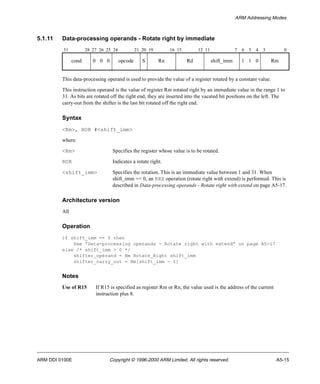 ARM Addressing Modes 
5.1.11 Data-processing operands - Rotate right by immediate 
31 28 27 26 25 24 21 20 19 16 15 12 11 7 6 5 4 3 0 
cond 0 0 0 opcode S Rn Rd shift_imm 1 1 0 Rm 
This data-processing operand is used to provide the value of a register rotated by a constant value. 
This instruction operand is the value of register Rm rotated right by an immediate value in the range 1 to 
31. As bits are rotated off the right end, they are inserted into the vacated bit positions on the left. The 
carry-out from the shifter is the last bit rotated off the right end. 
Syntax 
<Rm>, ROR #<shift_imm> 
where: 
<Rm> Specifies the register whose value is to be rotated. 
ROR Indicates a rotate right. 
<shift_imm> Specifies the rotation. This is an immediate value between 1 and 31. When 
shift_imm == 0, an RRX operation (rotate right with extend) is performed. This is 
described in Data-processing operands - Rotate right with extend on page A5-17. 
Architecture version 
All 
Operation 
if shift_imm == 0 then 
See “Data-processing operands - Rotate right with extend” on page A5-17 
else /* shift_imm > 0 */ 
shifter_operand = Rm Rotate_Right shift_imm 
shifter_carry_out = Rm[shift_imm - 1] 
Notes 
Use of R15 If R15 is specified as register Rm or Rn, the value used is the address of the current 
instruction plus 8. 
ARM DDI 0100E Copyright © 1996-2000 ARM Limited. All rights reserved. A5-15 
 