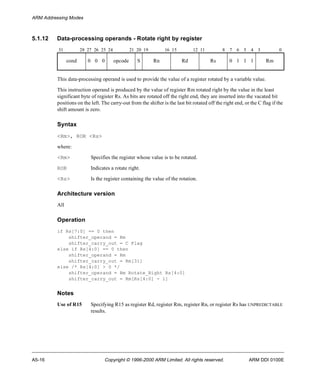 ARM Addressing Modes 
5.1.12 Data-processing operands - Rotate right by register 
31 28 27 26 25 24 21 20 19 16 15 12 11 8 7 6 5 4 3 0 
cond 0 0 0 opcode S Rn Rd Rs 0 1 1 1 Rm 
This data-processing operand is used to provide the value of a register rotated by a variable value. 
This instruction operand is produced by the value of register Rm rotated right by the value in the least 
significant byte of register Rs. As bits are rotated off the right end, they are inserted into the vacated bit 
positions on the left. The carry-out from the shifter is the last bit rotated off the right end, or the C flag if the 
shift amount is zero. 
Syntax 
<Rm>, ROR <Rs> 
where: 
<Rm> Specifies the register whose value is to be rotated. 
ROR Indicates a rotate right. 
<Rs> Is the register containing the value of the rotation. 
Architecture version 
All 
Operation 
if Rs[7:0] == 0 then 
shifter_operand = Rm 
shifter_carry_out = C Flag 
else if Rs[4:0] == 0 then 
shifter_operand = Rm 
shifter_carry_out = Rm[31] 
else /* Rs[4:0] > 0 */ 
shifter_operand = Rm Rotate_Right Rs[4:0] 
shifter_carry_out = Rm[Rs[4:0] - 1] 
Notes 
Use of R15 Specifying R15 as register Rd, register Rm, register Rn, or register Rs has UNPREDICTABLE 
results. 
A5-16 Copyright © 1996-2000 ARM Limited. All rights reserved. ARM DDI 0100E 
 