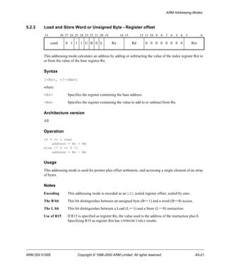 ARM Addressing Modes 
5.2.3 Load and Store Word or Unsigned Byte - Register offset 
31 28 27 26 25 24 23 22 21 20 19 16 15 12 11 10 9 8 7 6 5 4 3 0 
cond 0 1 1 1 U B 0 L Rn Rd 0 0 0 0 0 0 0 0 Rm 
This addressing mode calculates an address by adding or subtracting the value of the index register Rm to 
or from the value of the base register Rn. 
Syntax 
[<Rn>, +/-<Rm>] 
where: 
<Rn> Specifies the register containing the base address. 
<Rm> Specifies the register containing the value to add to or subtract from Rn. 
Architecture version 
All 
Operation 
if U == 1 then 
address = Rn + Rm 
else /* U == 0 */ 
address = Rn - Rm 
Usage 
This addressing mode is used for pointer plus offset arithmetic, and accessing a single element of an array 
of bytes. 
Notes 
Encoding This addressing mode is encoded as an LSL scaled register offset, scaled by zero. 
The B bit This bit distinguishes between an unsigned byte (B==1) and a word (B==0) access. 
The L bit This bit distinguishes between a Load (L==1) and a Store (L==0) instruction. 
Use of R15 If R15 is specified as register Rn, the value used is the address of the instruction plus 8. 
Specifying R15 as register Rm has UNPREDICTABLE results. 
ARM DDI 0100E Copyright © 1996-2000 ARM Limited. All rights reserved. A5-21 
 