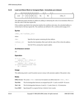 ARM Addressing Modes 
5.2.5 Load and Store Word or Unsigned Byte - Immediate pre-indexed 
31 28 27 26 25 24 23 22 21 20 19 16 15 12 11 0 
cond 0 1 0 1 U B 1 L Rn Rd offset_12 
This addressing mode calculates an address by adding or subtracting the value of an immediate offset to or 
from the value of the base register Rn. 
If the condition specified in the instruction matches the condition code status, the calculated address is 
written back to the base register Rn. The conditions are defined in The condition field on page A3-5. 
Syntax 
[<Rn>, #+/-<offset_12>]! 
where: 
<Rn> Specifies the register containing the base address. 
<offset_12> Specifies the immediate offset used with the value of Rn to form the address. 
! Sets the W bit, causing base register update. 
Architecture version 
All 
Operation 
if U == 1 then 
address = Rn + offset_12 
else /* if U == 0 */ 
address = Rn - offset_12 
if ConditionPassed(cond) then 
Rn = address 
Usage 
This addressing mode is used for pointer access to arrays with automatic update of the pointer value. 
Notes 
Offset of zero The syntax [<Rn>] must never be treated as an abbreviation for [<Rn>, #0]!. 
The B bit This bit distinguishes between an unsigned byte (B==1) and a word (B==0) access. 
The L bit This bit distinguishes between a Load (L==1) and a Store (L==0) instruction. 
Use of R15 Specifying R15 as register Rn has UNPREDICTABLE results. 
A5-24 Copyright © 1996-2000 ARM Limited. All rights reserved. ARM DDI 0100E 
 