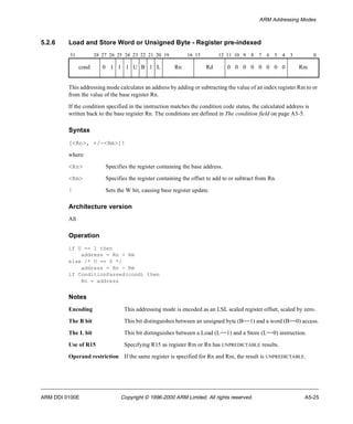 ARM Addressing Modes 
5.2.6 Load and Store Word or Unsigned Byte - Register pre-indexed 
31 28 27 26 25 24 23 22 21 20 19 16 15 12 11 10 9 8 7 6 5 4 3 0 
cond 0 1 1 1 U B 1 L Rn Rd 0 0 0 0 0 0 0 0 Rm 
This addressing mode calculates an address by adding or subtracting the value of an index register Rm to or 
from the value of the base register Rn. 
If the condition specified in the instruction matches the condition code status, the calculated address is 
written back to the base register Rn. The conditions are defined in The condition field on page A3-5. 
Syntax 
[<Rn>, +/-<Rm>]! 
where: 
<Rn> Specifies the register containing the base address. 
<Rm> Specifies the register containing the offset to add to or subtract from Rn. 
! Sets the W bit, causing base register update. 
Architecture version 
All 
Operation 
if U == 1 then 
address = Rn + Rm 
else /* U == 0 */ 
address = Rn - Rm 
if ConditionPassed(cond) then 
Rn = address 
Notes 
Encoding This addressing mode is encoded as an LSL scaled register offset, scaled by zero. 
The B bit This bit distinguishes between an unsigned byte (B==1) and a word (B==0) access. 
The L bit This bit distinguishes between a Load (L==1) and a Store (L==0) instruction. 
Use of R15 Specifying R15 as register Rm or Rn has UNPREDICTABLE results. 
Operand restriction If the same register is specified for Rn and Rm, the result is UNPREDICTABLE. 
ARM DDI 0100E Copyright © 1996-2000 ARM Limited. All rights reserved. A5-25 
 