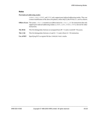 ARM Addressing Modes 
Notes 
Post-indexed addressing modes 
LDRBT, LDRT, STRBT, and STRT only support post-indexed addressing modes. They use 
a minor modification of the above bit pattern, where bit[21] (the W bit) is 1, not 0 as shown. 
Offset of zero The syntax [<Rn>] is treated as an abbreviation for [<Rn>],#0 for instructions that only 
support post-indexed addressing modes (LDRBT, LDRT, STRBT, STRT), but not for other 
instructions. 
The B bit This bit distinguishes between an unsigned byte (B==1) and a word (B==0) access. 
The L bit This bit distinguishes between a Load (L==1) and a Store (L==0) instruction. 
Use of R15 Specifying R15 as register Rn has UNPREDICTABLE results. 
ARM DDI 0100E Copyright © 1996-2000 ARM Limited. All rights reserved. A5-29 
 