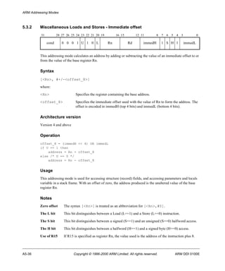 ARM Addressing Modes 
5.3.2 Miscellaneous Loads and Stores - Immediate offset 
31 28 27 26 25 24 23 22 21 20 19 16 15 12 11 8 7 6 5 4 3 0 
cond 0 0 0 1 U 1 0 L Rn Rd immedH 1 S H 1 immedL 
This addressing mode calculates an address by adding or subtracting the value of an immediate offset to or 
from the value of the base register Rn. 
Syntax 
[<Rn>, #+/-<offset_8>] 
where: 
<Rn> Specifies the register containing the base address. 
<offset_8> Specifies the immediate offset used with the value of Rn to form the address. The 
offset is encoded in immedH (top 4 bits) and immedL (bottom 4 bits). 
Architecture version 
Version 4 and above 
Operation 
offset_8 = (immedH << 4) OR immedL 
if U == 1 then 
address = Rn + offset_8 
else /* U == 0 */ 
address = Rn - offset_8 
Usage 
This addressing mode is used for accessing structure (record) fields, and accessing parameters and locals 
variable in a stack frame. With an offset of zero, the address produced is the unaltered value of the base 
register Rn. 
Notes 
Zero offset The syntax [<Rn>] is treated as an abbreviation for [<Rn>,#0]. 
The L bit This bit distinguishes between a Load (L==1) and a Store (L==0) instruction. 
The S bit This bit distinguishes between a signed (S==1) and an unsigned (S==0) halfword access. 
The H bit This bit distinguishes between a halfword (H==1) and a signed byte (H==0) access. 
Use of R15 If R15 is specified as register Rn, the value used is the address of the instruction plus 8. 
A5-36 Copyright © 1996-2000 ARM Limited. All rights reserved. ARM DDI 0100E 
 