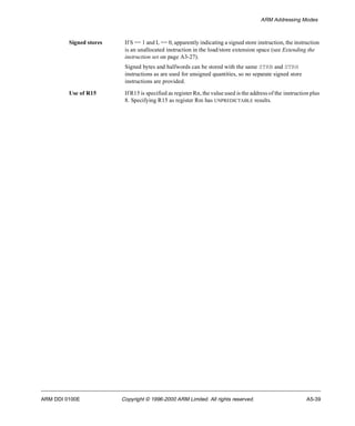 ARM Addressing Modes 
Signed stores If S == 1 and L == 0, apparently indicating a signed store instruction, the instruction 
is an unallocated instruction in the load/store extension space (see Extending the 
instruction set on page A3-27). 
Signed bytes and halfwords can be stored with the same STRB and STRH 
instructions as are used for unsigned quantities, so no separate signed store 
instructions are provided. 
Use of R15 If R15 is specified as register Rn, the value used is the address of the instruction plus 
8. Specifying R15 as register Rm has UNPREDICTABLE results. 
ARM DDI 0100E Copyright © 1996-2000 ARM Limited. All rights reserved. A5-39 
 