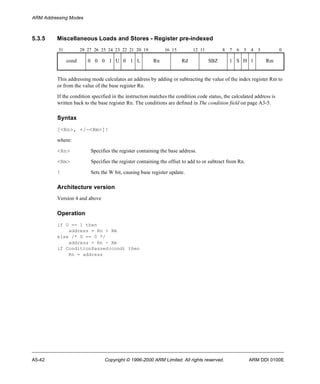ARM Addressing Modes 
5.3.5 Miscellaneous Loads and Stores - Register pre-indexed 
31 28 27 26 25 24 23 22 21 20 19 16 15 12 11 8 7 6 5 4 3 0 
cond 0 0 0 1 U 0 1 L Rn Rd SBZ 1 S H 1 Rm 
This addressing mode calculates an address by adding or subtracting the value of the index register Rm to 
or from the value of the base register Rn. 
If the condition specified in the instruction matches the condition code status, the calculated address is 
written back to the base register Rn. The conditions are defined in The condition field on page A3-5. 
Syntax 
[<Rn>, +/-<Rm>]! 
where: 
<Rn> Specifies the register containing the base address. 
<Rm> Specifies the register containing the offset to add to or subtract from Rn. 
! Sets the W bit, causing base register update. 
Architecture version 
Version 4 and above 
Operation 
if U == 1 then 
address = Rn + Rm 
else /* U == 0 */ 
address = Rn - Rm 
if ConditionPassed(cond) then 
Rn = address 
A5-42 Copyright © 1996-2000 ARM Limited. All rights reserved. ARM DDI 0100E 
 