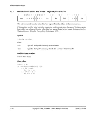 ARM Addressing Modes 
5.3.7 Miscellaneous Loads and Stores - Register post-indexed 
31 28 27 26 25 24 23 22 21 20 19 16 15 12 11 8 7 6 5 4 3 0 
cond 0 0 0 0 U 0 0 L Rn Rd SBZ 1 S H 1 Rm 
This addressing mode uses the value of the base register Rn as the address for the memory access. 
If the condition specified in the instruction matches the condition code status, the value of the index register 
Rm is added to or subtracted from the value of the base register Rn and written back to the base register Rn. 
The conditions are defined in The condition field on page A3-5. 
Syntax 
[<Rn>], +/-<Rm> 
where: 
<Rn> Specifies the register containing the base address. 
<Rm> Specifies the register containing the offset to add to or subtract from Rn. 
Architecture version 
Version 4 and above 
Operation 
address = Rn 
if ConditionPassed(cond) then 
if U == 1 then 
Rn = Rn + Rm 
else /* U == 0 */ 
Rn = Rn - Rm 
A5-46 Copyright © 1996-2000 ARM Limited. All rights reserved. ARM DDI 0100E 
 
