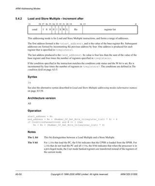 ARM Addressing Modes 
5.4.2 Load and Store Multiple - Increment after 
31 28 27 26 25 24 23 22 21 20 19 16 15 0 
cond 1 0 0 0 1 S W L Rn register list 
This addressing mode is for Load and Store Multiple instructions, and forms a range of addresses. 
The first address formed is the <start_address>, and is the value of the base register Rn. Subsequent 
addresses are formed by incrementing the previous address by four. One address is produced for each 
register that is specified in <registers>. 
The last address produced is the <end_address>. Its value is four less than the sum of the value of the 
base register and four times the number of registers specified in <registers>. 
If the condition specified in the instruction matches the condition code status and the W bit is set, Rn is 
incremented by four times the number of registers in <registers>. The conditions are defined in The 
condition field on page A3-5. 
Syntax 
IA 
See also the alternative syntax described in Load and Store Multiple addressing modes (alternative names) 
on page A5-54. 
Architecture version 
All 
Operation 
start_address = Rn 
end_address = Rn + (Number_Of_Set_Bits_In(register_list) * 4) - 4 
if ConditionPassed(cond) and W == 1 then 
Rn = Rn + (Number_Of_Set_Bits_In(register_list) * 4) 
Notes 
The L bit This bit distinguishes between a Load Multiple and a Store Multiple. 
The S bit For LDMs that load the PC, the S bit indicates that the CPSR is loaded from the SPSR. For 
LDMs that do not load the PC and all STMs, the S bit indicates that when the processor is in 
a privileged mode, the User mode banked registers are transferred instead of the registers of 
the current mode. 
A5-50 Copyright © 1996-2000 ARM Limited. All rights reserved. ARM DDI 0100E 
 