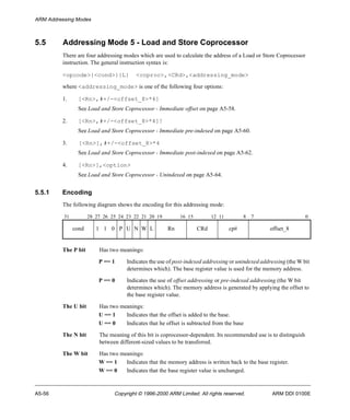 ARM Addressing Modes 
5.5 Addressing Mode 5 - Load and Store Coprocessor 
There are four addressing modes which are used to calculate the address of a Load or Store Coprocessor 
instruction. The general instruction syntax is: 
<opcode>{<cond>}{L} <coproc>,<CRd>,<addressing_mode> 
where <addressing_mode> is one of the following four options: 
1. [<Rn>,#+/-<offset_8>*4] 
See Load and Store Coprocessor - Immediate offset on page A5-58. 
2. [<Rn>,#+/-<offset_8>*4]! 
See Load and Store Coprocessor - Immediate pre-indexed on page A5-60. 
3. [<Rn>],#+/-<offset_8>*4 
See Load and Store Coprocessor - Immediate post-indexed on page A5-62. 
4. [<Rn>],<option> 
See Load and Store Coprocessor - Unindexed on page A5-64. 
5.5.1 Encoding 
The following diagram shows the encoding for this addressing mode: 
31 28 27 26 25 24 23 22 21 20 19 16 15 12 11 8 7 0 
cond 1 1 0 P U N W L Rn CRd cp# offset_8 
The P bit Has two meanings: 
P == 1 Indicates the use of post-indexed addressing or unindexed addressing (the W bit 
determines which). The base register value is used for the memory address. 
P == 0 Indicates the use of offset addressing or pre-indexed addressing (the W bit 
determines which). The memory address is generated by applying the offset to 
the base register value. 
The U bit Has two meanings: 
U == 1 Indicates that the offset is added to the base. 
U == 0 Indicates that he offset is subtracted from the base 
The N bit The meaning of this bit is coprocessor-dependent. Its recommended use is to distinguish 
between different-sized values to be transferred. 
The W bit Has two meanings: 
W == 1 Indicates that the memory address is written back to the base register. 
W == 0 Indicates that the base register value is unchanged. 
A5-56 Copyright © 1996-2000 ARM Limited. All rights reserved. ARM DDI 0100E 
 