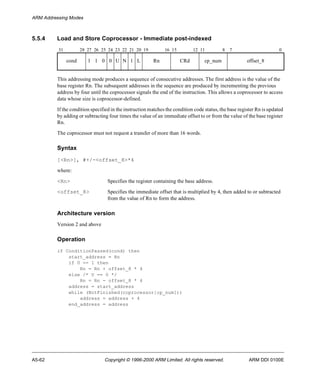 ARM Addressing Modes 
5.5.4 Load and Store Coprocessor - Immediate post-indexed 
31 28 27 26 25 24 23 22 21 20 19 16 15 12 11 8 7 0 
cond 1 1 0 0 U N 1 L Rn CRd cp_num offset_8 
This addressing mode produces a sequence of consecutive addresses. The first address is the value of the 
base register Rn. The subsequent addresses in the sequence are produced by incrementing the previous 
address by four until the coprocessor signals the end of the instruction. This allows a coprocessor to access 
data whose size is coprocessor-defined. 
If the condition specified in the instruction matches the condition code status, the base register Rn is updated 
by adding or subtracting four times the value of an immediate offset to or from the value of the base register 
Rn. 
The coprocessor must not request a transfer of more than 16 words. 
Syntax 
[<Rn>], #+/-<offset_8>*4 
where: 
<Rn> Specifies the register containing the base address. 
<offset_8> Specifies the immediate offset that is multiplied by 4, then added to or subtracted 
from the value of Rn to form the address. 
Architecture version 
Version 2 and above 
Operation 
if ConditionPassed(cond) then 
start_address = Rn 
if U == 1 then 
Rn = Rn + offset_8 * 4 
else /* U == 0 */ 
Rn = Rn - offset_8 * 4 
address = start_address 
while (NotFinished(coprocessor[cp_num])) 
address = address + 4 
end_address = address 
A5-62 Copyright © 1996-2000 ARM Limited. All rights reserved. ARM DDI 0100E 
 