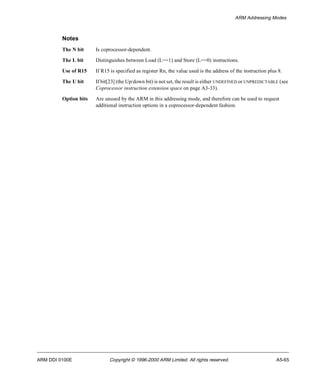ARM Addressing Modes 
Notes 
The N bit Is coprocessor-dependent. 
The L bit Distinguishes between Load (L==1) and Store (L==0) instructions. 
Use of R15 If R15 is specified as register Rn, the value used is the address of the instruction plus 8. 
The U bit If bit[23] (the Up/down bit) is not set, the result is either UNDEFINED or UNPREDICTABLE (see 
Coprocessor instruction extension space on page A3-33). 
Option bits Are unused by the ARM in this addressing mode, and therefore can be used to request 
additional instruction options in a coprocessor-dependent fashion. 
ARM DDI 0100E Copyright © 1996-2000 ARM Limited. All rights reserved. A5-65 
 
