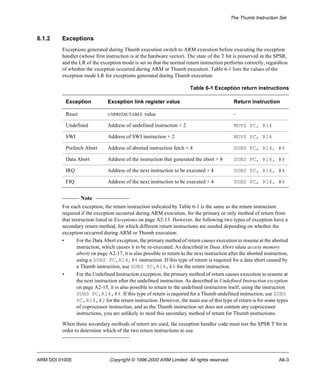 The Thumb Instruction Set 
6.1.2 Exceptions 
Exceptions generated during Thumb execution switch to ARM execution before executing the exception 
handler (whose first instruction is at the hardware vector). The state of the T bit is preserved in the SPSR, 
and the LR of the exception mode is set so that the normal return instruction performs correctly, regardless 
of whether the exception occurred during ARM or Thumb execution. Table 6-1 lists the values of the 
exception mode LR for exceptions generated during Thumb execution. 
Exception Exception link register value Return instruction 
Reset UNPREDICTABLE value - 
Undefined Address of undefined instruction + 2 MOVS PC, R14 
SWI Address of SWI instruction + 2 MOVS PC, R14 
Prefetch Abort Address of aborted instruction fetch + 4 SUBS PC, R14, #4 
Data Abort Address of the instruction that generated the abort + 8 SUBS PC, R14, #8 
IRQ Address of the next instruction to be executed + 4 SUBS PC, R14, #4 
FIQ Address of the next instruction to be executed + 4 SUBS PC, R14, #4 
Note 
Table 6-1 Exception return instructions 
For each exception, the return instruction indicated by Table 6-1 is the same as the return instruction 
required if the exception occurred during ARM execution, for the primary or only method of return from 
that instruction listed in Exceptions on page A2-13. However, the following two types of exception have a 
secondary return method, for which different return instructions are needed depending on whether the 
exception occurred during ARM or Thumb execution: 
• For the Data Abort exception, the primary method of return causes execution to resume at the aborted 
instruction, which causes it to be re-executed. As described in Data Abort (data access memory 
abort) on page A2-17, it is also possible to return to the next instruction after the aborted instruction, 
using a SUBS PC,R14,#4 instruction. If this type of return is required for a data abort caused by 
a Thumb instruction, use SUBS PC,R14,#6 for the return instruction. 
• For the Undefined Instruction exception, the primary method of return causes execution to resume at 
the next instruction after the undefined instruction. As described in Undefined Instruction exception 
on page A2-15, it is also possible to return to the undefined instruction itself, using the instruction 
SUBS PC,R14,#4. If this type of return is required for a Thumb undefined instruction, use SUBS 
PC,R14,#2 for the return instruction. However, the main use of this type of return is for some types 
of coprocessor instruction, and as the Thumb instruction set does not contain any coprocessor 
instructions, you are unlikely to need this secondary method of return for Thumb instructions. 
When these secondary methods of return are used, the exception handler code must test the SPSR T bit in 
order to determine which of the two return instructions to use. 
ARM DDI 0100E Copyright © 1996-2000 ARM Limited. All rights reserved. A6-3 
 