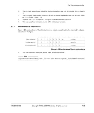 The Thumb Instruction Set 
1. The opc field is not allowed to be 11 in this line. Other lines deal with the case that the opc field is 
11. 
2. The cond field is not allowed to be 1110 or 1111 in this line. Other lines deal with the cases where 
the cond field is 1110 or 1111. 
3. The form with L==1 is UNPREDICTABLE prior to ARM architecture version 5. 
4. This is an undefined instruction prior to ARM architecture version 5. 
6.2.1 Miscellaneous instructions 
Figure 6-2 lists miscellaneous Thumb instructions. An entry in square brackets, for example [1], indicates 
a note below the figure. 
1 5 1 4 1 3 1 2 1 1 1 0 9 8 7 6 5 4 3 2 1 0 
1 0 1 1 0 0 0 0 opc immediate 
1 0 1 1 L 1 0 R register list 
Software breakpoint [1] 1 0 1 1 1 1 1 0 immediate 
Figure 6-2 Miscellaneous Thumb instructions 
Adjust stack pointer 
Push/pop register list 
1. This is an undefined instruction prior to ARM architecture version 5. 
Note 
Any instruction with bits[15:12] = 1011, and which is not shown in Figure 6-2, is an undefined instruction. 
ARM DDI 0100E Copyright © 1996-2000 ARM Limited. All rights reserved. A6-5 
 
