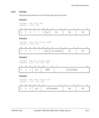 The Thumb Instruction Set 
6.4.2 Formats 
Data-processing instructions use the following eight instruction formats: 
Format 1 
<opcode1> <Rd>, <Rn>, <Rm> 
<opcode1> := ADD | SUB 
15 14 13 12 11 10 9 8 6 5 3 2 0 
0 0 0 1 1 0 op_1 Rm Rn Rd 
Format 2 
<opcode2> <Rd>, <Rn>, #<3_bit_immed> 
<opcode2> := ADD | SUB 
15 14 13 12 11 10 9 8 6 5 3 2 0 
0 0 0 1 1 1 op_2 3_bit_immediate Rn Rd 
Format 3 
<opcode3> <Rd>|<Rn>, #<8_bit_immed> 
<opcode3> := ADD | SUB | MOV | CMP 
15 14 13 12 11 10 8 7 0 
0 0 1 op_3 Rd|Rn 8_bit_immediate 
Format 4 
<opcode4> <Rd>, <Rm>, #<shift_imm> 
<opcode4> := LSL | LSR | ASR 
15 14 13 12 11 10 6 5 3 2 0 
0 0 0 op_4 shift_immediate Rm Rd 
ARM DDI 0100E Copyright © 1996-2000 ARM Limited. All rights reserved. A6-11 
 