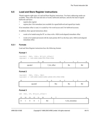 The Thumb Instruction Set 
6.5 Load and Store Register instructions 
Thumb supports eight types of Load and Store Register instructions. Two basic addressing modes are 
available. These allow the load and store of words, halfwords and bytes, and also the load of signed 
halfwords and bytes: 
• register plus register 
• register plus 5-bit immediate (not available for signed halfword and signed byte loads). 
If an immediate offset is used, it is scaled by 4 for word access and 2 for halfword accesses. 
In addition, three special instructions allow: 
• words to be loaded using the PC as a base with a 1KB (word-aligned) immediate offset 
• words to be loaded and stored with the stack pointer (R13) as the base and a 1KB (word-aligned) 
immediate offset. 
6.5.1 Formats 
Load and Store Register instructions have the following formats: 
Format 1 
<opcode1> <Rd>, [<Rn>, #<5_bit_offset>] 
<opcode1> := LDR|LDRH|LDRB|STR|STRH|STRB 
15 11 10 6 5 3 2 0 
Format 2 
opcode1 5_bit_offset Rn Rd 
<opcode2> <Rd>, [<Rn>, <Rm>] 
<opcode2> := LDR|LDRH|LDRSH|LDRB|LDRSB|STR|STRH|STRB 
15 9 8 6 5 3 2 0 
Format 3 
opcode2 Rm Rn Rd 
LDR <Rd>, [PC, #<8_bit_offset>] 
15 14 13 12 11 10 8 7 0 
0 1 0 0 1 Rd 8_bit_immediate 
ARM DDI 0100E Copyright © 1996-2000 ARM Limited. All rights reserved. A6-15 
 