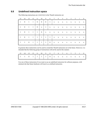 The Thumb Instruction Set 
6.8 Undefined instruction space 
The following instructions are UNDEFINED in the Thumb instruction set: 
15 14 13 12 11 10 9 8 7 6 5 4 3 2 1 0 
1 0 1 1 0 0 0 1 x x x x x x x x 
1 0 1 1 0 x 1 x x x x x x x x x 
1 0 1 1 1 0 x x x x x x x x x x 
1 0 1 1 1 1 1 1 x x x x x x x x 
1 1 0 1 1 1 1 0 x x x x x x x x 
In general, these instructions can be used to extend the Thumb instruction set in the future. However, it is 
intended that the following group of instructions will not be used in this manner: 
15 14 13 12 11 10 9 8 7 6 5 4 3 2 1 0 
1 1 0 1 1 1 1 0 x x x x x x x x 
Use one of these instructions if you want to use an undefined instruction for software purposes, with 
minimal risk that future hardware will treat it as a defined instruction. 
ARM DDI 0100E Copyright © 1996-2000 ARM Limited. All rights reserved. A6-21 
 