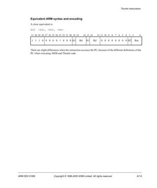 Thumb Instructions 
Equivalent ARM syntax and encoding 
A close equivalent is: 
ADD <Rd>, <Rd>, <Rm> 
31 30 29 28 27 26 25 24 23 22 21 20 19 18 16 15 14 12 11 10 9 8 7 6 5 4 3 2 0 
1 1 1 0 0 0 0 0 1 0 0 0 H1 Rd H1 Rd 0 0 0 0 0 0 0 0 H2 Rm 
There are slight differences when the instruction accesses the PC, because of the different definitions of the 
PC when executing ARM and Thumb code. 
ARM DDI 0100E Copyright © 1996-2000 ARM Limited. All rights reserved. A7-9 
 