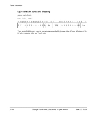 Thumb Instructions 
Equivalent ARM syntax and encoding 
A close equivalent is: 
CMP <Rn>, <Rm> 
31 30 29 28 27 26 25 24 23 22 21 20 19 18 16 15 12 11 10 9 8 7 6 5 4 3 2 0 
1 1 1 0 0 0 0 1 0 1 0 1 H1 Rn SBZ 0 0 0 0 0 0 0 0 H2 Rm 
There are slight differences when the instruction accesses the PC, because of the different definitions of the 
PC when executing ARM and Thumb code. 
A7-38 Copyright © 1996-2000 ARM Limited. All rights reserved. ARM DDI 0100E 
 