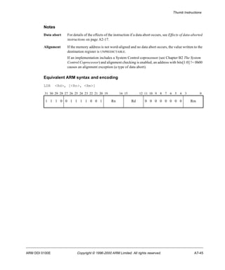 Thumb Instructions 
Notes 
Data abort For details of the effects of the instruction if a data abort occurs, see Effects of data-aborted 
instructions on page A2-17. 
Alignment If the memory address is not word-aligned and no data abort occurs, the value written to the 
destination register is UNPREDICTABLE. 
If an implementation includes a System Control coprocessor (see Chapter B2 The System 
Control Coprocessor) and alignment checking is enabled, an address with bits[1:0] != 0b00 
causes an alignment exception (a type of data abort). 
Equivalent ARM syntax and encoding 
LDR <Rd>, [<Rn>, <Rm>] 
31 30 29 28 27 26 25 24 23 22 21 20 19 16 15 12 11 10 9 8 7 6 5 4 3 0 
1 1 1 0 0 1 1 1 1 0 0 1 Rn Rd 0 0 0 0 0 0 0 0 Rm 
ARM DDI 0100E Copyright © 1996-2000 ARM Limited. All rights reserved. A7-45 
 