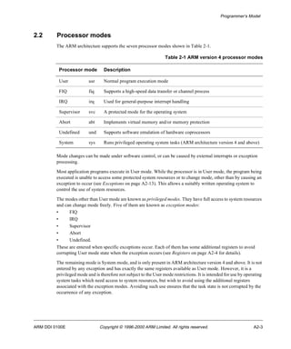 Programmer’s Model 
2.2 Processor modes 
The ARM architecture supports the seven processor modes shown in Table 2-1. 
Table 2-1 ARM version 4 processor modes 
Processor mode Description 
User usr Normal program execution mode 
FIQ fiq Supports a high-speed data transfer or channel process 
IRQ irq Used for general-purpose interrupt handling 
Supervisor svc A protected mode for the operating system 
Abort abt Implements virtual memory and/or memory protection 
Undefined und Supports software emulation of hardware coprocessors 
System sys Runs privileged operating system tasks (ARM architecture version 4 and above) 
Mode changes can be made under software control, or can be caused by external interrupts or exception 
processing. 
Most application programs execute in User mode. While the processor is in User mode, the program being 
executed is unable to access some protected system resources or to change mode, other than by causing an 
exception to occur (see Exceptions on page A2-13). This allows a suitably written operating system to 
control the use of system resources. 
The modes other than User mode are known as privileged modes. They have full access to system resources 
and can change mode freely. Five of them are known as exception modes: 
• FIQ 
• IRQ 
• Supervisor 
• Abort 
• Undefined. 
These are entered when specific exceptions occur. Each of them has some additional registers to avoid 
corrupting User mode state when the exception occurs (see Registers on page A2-4 for details). 
The remaining mode is System mode, and is only present in ARM architecture version 4 and above. It is not 
entered by any exception and has exactly the same registers available as User mode. However, it is a 
privileged mode and is therefore not subject to the User mode restrictions. It is intended for use by operating 
system tasks which need access to system resources, but wish to avoid using the additional registers 
associated with the exception modes. Avoiding such use ensures that the task state is not corrupted by the 
occurrence of any exception. 
ARM DDI 0100E Copyright © 1996-2000 ARM Limited. All rights reserved. A2-3 
 