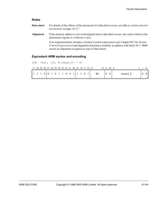 Thumb Instructions 
Notes 
Data abort For details of the effects of the instruction if a data abort occurs, see Effects of data-aborted 
instructions on page A2-17. 
Alignment If the memory address is not word-aligned and no data abort occurs, the value written to the 
destination register is UNPREDICTABLE. 
If an implementation includes a System Control coprocessor (see Chapter B2 The System 
Control Coprocessor) and alignment checking is enabled, an address with bits[1:0] != 0b00 
causes an alignment exception (a type of data abort). 
Equivalent ARM syntax and encoding 
LDR <Rd>, [SP, #<immed_8> * 4] 
31 30 29 28 27 26 25 24 23 22 21 20 19 18 17 16 15 12 11 10 9 2 1 0 
1 1 1 0 0 1 0 1 1 0 0 1 1 1 0 1 Rd 0 0 immed_8 0 0 
ARM DDI 0100E Copyright © 1996-2000 ARM Limited. All rights reserved. A7-49 
 