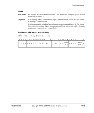 Thumb Instructions 
Notes 
Data abort For details of the effects of the instruction if a data abort occurs, see Effects of data-aborted 
instructions on page A2-17. 
Alignment If the memory address is not halfword-aligned and no data abort occurs, the value written 
to memory is UNPREDICTABLE. 
If an implementation includes a System Control coprocessor (see Chapter B2 The System 
Control Coprocessor) and alignment checking is enabled, an address with bit[0] != 0 causes 
an alignment exception (a type of data abort). 
Equivalent ARM syntax and encoding 
STRH <Rd>, [<Rn>, #<immed_5> * 2] 
31 30 29 28 27 26 25 24 23 22 21 20 19 16 15 12 11 10 9 8 7 6 5 4 3 1 0 
1 1 1 0 0 0 0 1 1 1 0 0 Rn Rd 0 0 
immed 
[4:3] 
1 0 1 1 
immed 
[2:0] 
0 
ARM DDI 0100E Copyright © 1996-2000 ARM Limited. All rights reserved. A7-95 
 