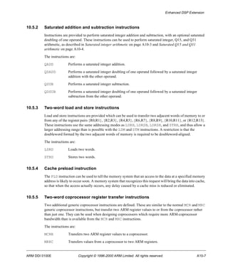 Enhanced DSP Extension 
10.5.2 Saturated addition and subtraction instructions 
Instructions are provided to perform saturated integer addition and subtraction, with an optional saturated 
doubling of one operand. These instructions can be used to perform saturated integer, Q15, and Q31 
arithmetic, as described in Saturated integer arithmetic on page A10-3 and Saturated Q15 and Q31 
arithmetic on page A10-4. 
The instructions are: 
QADD Performs a saturated integer addition. 
QDADD Performs a saturated integer doubling of one operand followed by a saturated integer 
addition with the other operand. 
QSUB Performs a saturated integer subtraction. 
QDSUB Performs a saturated integer doubling of one operand followed by a saturated integer 
subtraction from the other operand. 
10.5.3 Two-word load and store instructions 
Load and store instructions are provided which can be used to transfer two adjacent words of memory to or 
from any of the register pairs {R0,R1}, {R2,R3}, {R4,R5}, {R6,R7}, {R8,R9}, {R10,R11}, or {R12,R13}. 
These instructions use the same addressing modes as LDRH, LDRSB, LDRSH, and STRH, and thus allow a 
larger addressing range than is possible with the LDM and STM instructions. A restriction is that the 
doubleword formed by the two adjacent words of memory is required to be doubleword-aligned. 
The instructions are: 
LDRD Loads two words. 
STRD Stores two words. 
10.5.4 Cache preload instruction 
The PLD instruction can be used to tell the memory system that an access to the data at a specified memory 
address is likely to occur soon. A memory system that recognizes this request will bring the data into cache, 
so that when the access actually occurs, any delay caused by a cache miss is reduced or eliminated. 
10.5.5 Two-word coprocessor register transfer instructions 
Two additional generic coprocessor instructions are defined. These are similar to the normal MCR and MRC 
generic coprocessor instructions, but transfer two ARM register values to or from the coprocessor rather 
than just one. They can be used when designing coprocessors which require more ARM-coprocessor 
bandwidth than is available from the MCR and MRC instructions. 
The instructions are: 
MCRR Transfers two ARM register values to a coprocessor. 
MRRC Transfers values from a coprocessor to two ARM registers. 
ARM DDI 0100E Copyright © 1996-2000 ARM Limited. All rights reserved. A10-7 
 