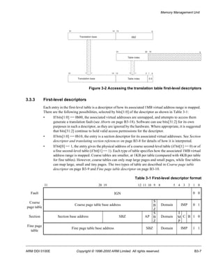 Memory Management Unit 
31 14 13 
Translation base SBZ 
31 20 19 
Table index 
31 14 13 2 1 
Translation base Table index 
0 
0 
0 0 
0 
Figure 3-2 Accessing the translation table first-level descriptors 
3.3.3 First-level descriptors 
Each entry in the first-level table is a descriptor of how its associated 1MB virtual address range is mapped. 
There are the following possibilities, selected by bits[1:0] of the descriptor as shown in Table 3-1: 
• If bits[1:0] == 0b00, the associated virtual addresses are unmapped, and attempts to access them 
generate a translation fault (see Aborts on page B3-18). Software can use bits[31:2] for its own 
purposes in such a descriptor, as they are ignored by the hardware. Where appropriate, it is suggested 
that bits[31:2] continue to hold valid access permissions for the descriptor. 
• If bits[1:0] == 0b10, the entry is a section descriptor for its associated virtual addresses. See Section 
descriptor and translating section references on page B3-8 for details of how it is interpreted. 
• If bit[0] == 1, the entry gives the physical address of a coarse second-level table (if bit[1] == 0) or of 
a fine second-level table (if bit[1] == 1). Each type of table specifies how the associated 1MB virtual 
address range is mapped. Coarse tables are smaller, at 1KB per table (compared with 4KB per table 
for fine tables). However, coarse tables can only map large pages and small pages, while fine tables 
can map large, small and tiny pages. The two types of table are described in Coarse page table 
descriptor on page B3-9 and Fine page table descriptor on page B3-10. 
Table 3-1 First-level descriptor format 
31 20 19 12 11 10 9 8 5 4 3 2 1 0 
Fault IGN 0 0 
Coarse 
page table 
Coarse page table base address 
S 
B 
Z 
Domain IMP 0 1 
Section Section base address SBZ AP 
S 
B 
Z 
Domain 
I 
M 
P 
C B 1 0 
Fine page 
table 
Fine page table base address SBZ Domain IMP 1 1 
ARM DDI 0100E Copyright © 1996-2000 ARM Limited. All rights reserved. B3-7 
 