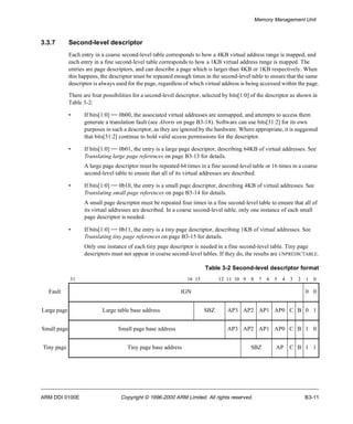 Memory Management Unit 
3.3.7 Second-level descriptor 
Each entry in a coarse second-level table corresponds to how a 4KB virtual address range is mapped, and 
each entry in a fine second-level table corresponds to how a 1KB virtual address range is mapped. The 
entries are page descriptors, and can describe a page which is larger than 4KB or 1KB respectively. When 
this happens, the descriptor must be repeated enough times in the second-level table to ensure that the same 
descriptor is always used for the page, regardless of which virtual address is being accessed within the page. 
There are four possibilities for a second-level descriptor, selected by bits[1:0] of the descriptor as shown in 
Table 3-2: 
• If bits[1:0] == 0b00, the associated virtual addresses are unmapped, and attempts to access them 
generate a translation fault (see Aborts on page B3-18). Software can use bits[31:2] for its own 
purposes in such a descriptor, as they are ignored by the hardware. Where appropriate, it is suggested 
that bits[31:2] continue to hold valid access permissions for the descriptor. 
• If bits[1:0] == 0b01, the entry is a large page descriptor, describing 64KB of virtual addresses. See 
Translating large page references on page B3-13 for details. 
A large page descriptor must be repeated 64 times in a fine second-level table or 16 times in a coarse 
second-level table to ensure that all of its virtual addresses are described. 
• If bits[1:0] == 0b10, the entry is a small page descriptor, describing 4KB of virtual addresses. See 
Translating small page references on page B3-14 for details. 
A small page descriptor must be repeated four times in a fine second-level table to ensure that all of 
its virtual addresses are described. In a coarse second-level table, only one instance of each small 
page descriptor is needed. 
• If bits[1:0] == 0b11, the entry is a tiny page descriptor, describing 1KB of virtual addresses. See 
Translating tiny page references on page B3-15 for details. 
Only one instance of each tiny page descriptor is needed in a fine second-level table. Tiny page 
descriptors must not appear in coarse second-level tables. If they do, the results are UNPREDICTABLE. 
Table 3-2 Second-level descriptor format 
31 16 15 12 11 10 9 8 7 6 5 4 3 2 1 0 
Fault IGN 0 0 
Large page Large table base address SBZ AP3 AP2 AP1 AP0 C B 0 1 
Small page Small page base address AP3 AP2 AP1 AP0 C B 1 0 
Tiny page Tiny page base address SBZ AP C B 1 1 
ARM DDI 0100E Copyright © 1996-2000 ARM Limited. All rights reserved. B3-11 
 