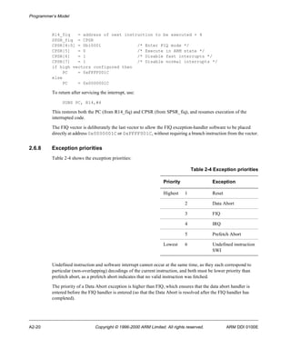 Programmer’s Model 
R14_fiq = address of next instruction to be executed + 4 
SPSR_fiq = CPSR 
CPSR[4:0] = 0b10001 /* Enter FIQ mode */ 
CPSR[5] = 0 /* Execute in ARM state */ 
CPSR[6] = 1 /* Disable fast interrupts */ 
CPSR[7] = 1 /* Disable normal interrupts */ 
if high vectors configured then 
PC = 0xFFFF001C 
else 
PC = 0x0000001C 
To return after servicing the interrupt, use: 
SUBS PC, R14,#4 
This restores both the PC (from R14_fiq) and CPSR (from SPSR_fiq), and resumes execution of the 
interrupted code. 
The FIQ vector is deliberately the last vector to allow the FIQ exception-handler software to be placed 
directly at address 0x0000001C or 0xFFFF001C, without requiring a branch instruction from the vector. 
2.6.8 Exception priorities 
Table 2-4 shows the exception priorities: 
Table 2-4 Exception priorities 
Priority Exception 
Highest 1 Reset 
2 Data Abort 
3 FIQ 
4 IRQ 
5 Prefetch Abort 
Lowest 6 Undefined instruction 
SWI 
Undefined instruction and software interrupt cannot occur at the same time, as they each correspond to 
particular (non-overlapping) decodings of the current instruction, and both must be lower priority than 
prefetch abort, as a prefetch abort indicates that no valid instruction was fetched. 
The priority of a Data Abort exception is higher than FIQ, which ensures that the data abort handler is 
entered before the FIQ handler is entered (so that the Data Abort is resolved after the FIQ handler has 
completed). 
A2-20 Copyright © 1996-2000 ARM Limited. All rights reserved. ARM DDI 0100E 
 