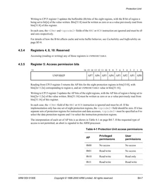 Protection Unit 
Writing to CP15 register 3 updates the bufferable (B) bits of the eight regions, with the B bit of region n 
being set to bit[n] of the value written. Bits[31:8] must be written as zero or as a value previously read from 
bits[31:8] of this register. 
In each case, the <CRm> and <opcode2> fields of the MRC or MCR instruction are ignored and must be c0 
and zero respectively. 
For details of how the B bit affects cache and write buffer behavior, see Cachability and bufferability on 
page B5-8. 
4.3.4 Registers 4, 8, 10: Reserved 
Accessing (reading or writing) any of these registers is UNPREDICTABLE. 
4.3.5 Register 5: Access permission bits 
31 16 15 14 13 12 11 10 9 8 7 6 5 4 3 2 1 0 
UNP/SBZP AP7 AP6 AP5 AP4 AP3 AP2 AP1 AP0 
Reading from CP15 register 3 returns the AP bits for the eight protection regions in bits[15:0], with 
bits[2n+1:2n] corresponding to region n, and an UNPREDICTABLE value in bits[31:16]. 
Writing to CP15 register 3 updates the AP bits of the eight regions, with the AP bits of region n being set to 
bits[2n+1:2n] of the value written. Bits[31:16] must be written as zero or as a value previously read from 
bits[31:16] of this register. 
In each case, the <CRm> field of the MRC or MCR instruction is ignored and must be c0. If the 
implementation only has one set of eight protection regions, the <opcode2> field should be zero. If it has 
separate sets of protection regions for instruction and data accesses, <opcode2> must be specified as 0 to 
select the data protection regions and 1 to select the instruction protection regions. 
The interpretation of each set of AP bits is as shown in Table 4-1 on page B4-7. If the requested type of 
access is not permitted, an abort is signaled to the ARM processor. 
Table 4-1 Protection Unit access permissions 
AP 
Privileged 
permissions 
User 
permissions 
0b00 No access No access 
0b01 Read/write No access 
0b10 Read/write Read only 
0b11 Read/write Read/write 
ARM DDI 0100E Copyright © 1996-2000 ARM Limited. All rights reserved. B4-7 
 