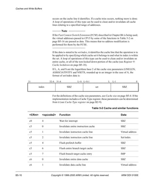 Caches and Write Buffers 
occurs on the cache line it identifies. If a cache miss occurs, nothing more is done. 
A loop of operations of this type can be used to clean and/or invalidate all cache 
lines relating to a specified range of addresses. 
Note 
If the Fast Context Switch Extension (FCSE) described in Chapter B6 is being used, 
the virtual addresses passed to CP15 by some of the functions in Table 5-2 on 
page B5-16 are passed as data. This means that no address modification is 
performed for them by the FCSE. 
If the data is stated to be set/index, it identifies the cache line that the operation is to 
be applied to by specifying which cache set it belongs to and what its index is within 
the set. A loop of operations of this type can be used to clean and/or invalidate an 
entire cache, or all of the non-locked down portion of the cache (see Register 9: 
Cache lockdown on page B5-18). 
If L, A, and S are the logarithms base 2 of the cache size parameters LINELEN, 
ASSOCIATIVITY and NSETS, rounded up to an integer in the case of A, the 
format of set/index data is: 
31 32-A 31-A L+S L+S-1 L L-1 0 
index SBZ set SBZ 
For the definitions of the cache size parameters, see Cache size on page B5-4. If the 
implementation includes a Cache Type register, these parameters can be determined 
from it (see Cache Type register on page B2-9). 
Table 5-2 Cache and similar functions 
<CRm> <opcode2> Function Data 
c0 4 Wait for interrupt SBZ 
c5 0 Invalidate entire instruction cache SBZ 
c5 1 Invalidate instruction cache line Virtual address 
c5 2 Invalidate instruction cache line Set/index 
c5 4 Flush prefetch buffer SBZ 
c5 6 Flush entire branch target cache SBZ 
c5 7 Flush branch target cache entry IMP 
c6 0 Invalidate entire data cache SBZ 
c6 1 Invalidate data cache line Virtual address 
B5-16 Copyright © 1996-2000 ARM Limited. All rights reserved. ARM DDI 0100E 
 