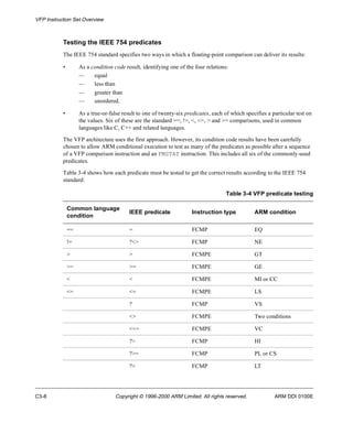 VFP Instruction Set Overview 
Testing the IEEE 754 predicates 
The IEEE 754 standard specifies two ways in which a floating-point comparison can deliver its results: 
• As a condition code result, identifying one of the four relations: 
— equal 
— less than 
— greater than 
— unordered. 
• As a true-or-false result to one of twenty-six predicates, each of which specifies a particular test on 
the values. Six of these are the standard ==, !=, <, <=, > and >= comparisons, used in common 
languages like C, C++ and related languages. 
The VFP architecture uses the first approach. However, its condition code results have been carefully 
chosen to allow ARM conditional execution to test as many of the predicates as possible after a sequence 
of a VFP comparison instruction and an FMSTAT instruction. This includes all six of the commonly-used 
predicates. 
Table 3-4 shows how each predicate must be tested to get the correct results according to the IEEE 754 
standard: 
Table 3-4 VFP predicate testing 
Common language 
condition 
IEEE predicate Instruction type ARM condition 
== = FCMP EQ 
!= ?<> FCMP NE 
> > FCMPE GT 
>= >= FCMPE GE 
< < FCMPE MI or CC 
<= <= FCMPE LS 
? FCMP VS 
<> FCMPE Two conditions 
<=> FCMPE VC 
?> FCMP HI 
?>= FCMP PL or CS 
?< FCMP LT 
C3-8 Copyright © 1996-2000 ARM Limited. All rights reserved. ARM DDI 0100E 
 
