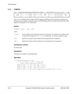 VFP Instructions 
4.1.6 FCMPED 
31 28 27 26 25 24 23 22 21 20 19 18 17 16 15 12 11 10 9 8 7 6 5 4 3 0 
cond 1 1 1 0 1 0 1 1 0 1 0 0 Dd 1 0 1 1 1 1 0 0 Dm 
The FCMPED (Floating-point Compare (NaN Exceptions), Double-precision) instruction compares two 
double-precision registers, writing the result to the FPSCR flags (which is normally transferred to the ARM 
flags by a subsequent FMSTAT instruction). 
Syntax 
FCMPED{<cond>} <Dd>, <Dm> 
where: 
<cond> Is the condition under which the instruction is executed. The conditions are defined in The 
condition field on page A3-5. If <cond> is omitted, the AL (always) condition is used. 
<Dd> Specifies the register which contains the first operand for the comparison. 
<Dm> Specifies the register which contains the second operand for the comparison. 
Architecture version 
D variants only 
Exceptions 
Floating-point exceptions: Invalid Operation 
Operation 
if ConditionPassed(cond) then 
if (Dd is a NaN) or (Dm is a NaN) then 
raise Invalid Operation exception 
FPSCR N flag = if (Dd < Dm) then 1 else 0 
FPSCR Z flag = if (Dd == Dm) then 1 else 0 
FPSCR C flag = if (Dd < Dm) then 0 else 1 
FPSCR V flag = if (Dd and Dm compare as unordered) then 1 else 0 
C4-12 Copyright © 1996-2000 ARM Limited. All rights reserved. ARM DDI 0100E 
 