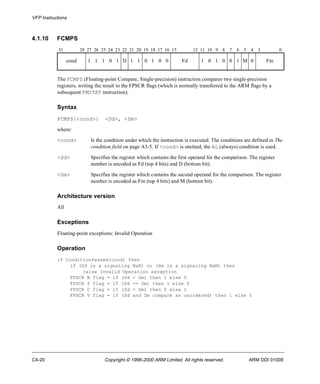 VFP Instructions 
4.1.10 FCMPS 
31 28 27 26 25 24 23 22 21 20 19 18 17 16 15 12 11 10 9 8 7 6 5 4 3 0 
cond 1 1 1 0 1 D 1 1 0 1 0 0 Fd 1 0 1 0 0 1 M 0 Fm 
The FCMPS (Floating-point Compare, Single-precision) instruction compares two single-precision 
registers, writing the result to the FPSCR flags (which is normally transferred to the ARM flags by a 
subsequent FMSTAT instruction). 
Syntax 
FCMPS{<cond>} <Sd>, <Sm> 
where: 
<cond> Is the condition under which the instruction is executed. The conditions are defined in The 
condition field on page A3-5. If <cond> is omitted, the AL (always) condition is used. 
<Sd> Specifies the register which contains the first operand for the comparison. The register 
number is encoded as Fd (top 4 bits) and D (bottom bit). 
<Sm> Specifies the register which contains the second operand for the comparison. The register 
number is encoded as Fm (top 4 bits) and M (bottom bit). 
Architecture version 
All 
Exceptions 
Floating-point exceptions: Invalid Operation 
Operation 
if ConditionPassed(cond) then 
if (Sd is a signaling NaN) or (Sm is a signaling NaN) then 
raise Invalid Operation exception 
FPSCR N flag = if (Sd < Sm) then 1 else 0 
FPSCR Z flag = if (Sd == Sm) then 1 else 0 
FPSCR C flag = if (Sd < Sm) then 0 else 1 
FPSCR V flag = if (Sd and Sm compare as unordered) then 1 else 0 
C4-20 Copyright © 1996-2000 ARM Limited. All rights reserved. ARM DDI 0100E 
 