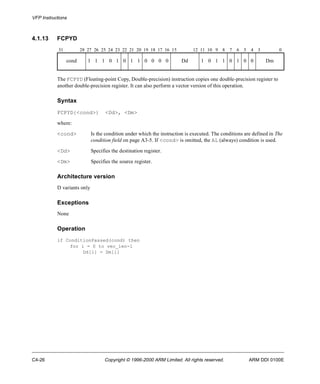 VFP Instructions 
4.1.13 FCPYD 
31 28 27 26 25 24 23 22 21 20 19 18 17 16 15 12 11 10 9 8 7 6 5 4 3 0 
cond 1 1 1 0 1 0 1 1 0 0 0 0 Dd 1 0 1 1 0 1 0 0 Dm 
The FCPYD (Floating-point Copy, Double-precision) instruction copies one double-precision register to 
another double-precision register. It can also perform a vector version of this operation. 
Syntax 
FCPYD{<cond>} <Dd>, <Dm> 
where: 
<cond> Is the condition under which the instruction is executed. The conditions are defined in The 
condition field on page A3-5. If <cond> is omitted, the AL (always) condition is used. 
<Dd> Specifies the destination register. 
<Dm> Specifies the source register. 
Architecture version 
D variants only 
Exceptions 
None 
Operation 
if ConditionPassed(cond) then 
for i = 0 to vec_len-1 
Dd[i] = Dm[i] 
C4-26 Copyright © 1996-2000 ARM Limited. All rights reserved. ARM DDI 0100E 
 