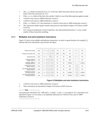 The ARM Instruction Set 
1. The cond field is not allowed to be 1111 in this line. Other lines deal with the cases where 
bits[31:28] of the instruction are 1111. 
2. If the opcode field is of the form 10xx and the S field is 0, one of the following lines applies instead. 
3. UNPREDICTABLE prior to ARM architecture version 4. 
4. UNPREDICTABLE prior to ARM architecture version 5. 
5. If the cond field is 1111, this instruction is UNPREDICTABLE prior to ARM architecture version 5. 
6. The coprocessor double register transfer instructions are described in Chapter A10 Enhanced DSP 
Extension. 
7. In E variants of architecture version 5 and above, the cache preload instruction PLD uses a small 
number of these instruction encodings. 
3.1.1 Multiplies and extra load/store instructions 
Figure 3-2 shows extra multiply and load/store instructions. An entry in square brackets, for example [1], 
indicates that more information is given below the figure. 
3 1 3 0 2 9 2 8 2 7 2 6 2 5 2 4 2 3 2 2 2 1 2 0 1 9 1 8 1 7 1 6 1 5 1 4 1 3 1 2 1 1 1 0 9 8 7 6 5 4 3 2 1 0 
cond 0 0 0 0 0 0 A S Rd Rn Rs 1 0 0 1 Rm 
cond 0 0 0 0 1 U A S RdHi RdLo Rs 1 0 0 1 Rm 
cond 0 0 0 1 0 B 0 0 Rn Rd SBZ 1 0 0 1 Rm 
cond 0 0 0 P U 0 W L Rn Rd SBZ 1 0 1 1 Rm 
cond Rd Rn 0 0 0 1 U P L W HiOffset 1 0 1 1 LoOffset 
cond 0 0 0 P U 0 W 0 Rn Rd SBZ 1 1 S 1 Rm 
Load/store two words 
register offset [2] 
Load signed halfword/byte 
register offset [1] cond 0 0 0 P U 0 W 1 Rn Rd SBZ 1 1 H 1 Rm 
Load/store two words 
immediate offset [2] cond 0 0 0 P U 1 W 0 Rn Rd HiOffset 1 1 S 1 LoOffset 
immediate offset [1] cond 0 0 0 P U 1 W 1 Rn Rd HiOffset 1 1 H 1 LoOffset 
Figure 3-2 Multiplies and extra load/store instructions 
Multiply (accumulate) 
Multiply (accumulate) long 
Swap/swap byte 
Load/store halfword 
register offset [1] 
Load/store halfword 
immediate offset [1] 
Load signed halfword/byte 
1. UNPREDICTABLE prior to ARM architecture version 4. 
2. These instructions are described in Chapter A10 Enhanced DSP Extension. 
Note 
Any instruction with bits[27:25] = 000, bit[7] = 1, bit[4] = 1, and cond not equal to 1111, and which is not 
specified in Figure 3-2 or its notes, is an undefined instruction (or UNPREDICTABLE prior to ARM 
architecture version 4). 
ARM DDI 0100E Copyright © 1996-2000 ARM Limited. All rights reserved. A3-3 
 