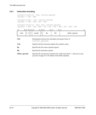 The ARM Instruction Set 
3.4.1 Instruction encoding 
<opcode1>{<cond>}{S} <Rd>, <shifter_operand> 
<opcode1> := MOV | MVN 
<opcode2>{<cond>} <Rn>, <shifter_operand> 
<opcode2> := CMP | CMN | TST | TEQ 
<opcode3>{<cond>}{S} <Rd>, <Rn>, <shifter_operand> 
<opcode3> := ADD | SUB | RSB | ADC | SBC | RSC | AND | BIC | EOR | ORR 
31 28 27 26 25 24 21 20 19 16 15 12 11 0 
cond 0 0 I opcode S Rn Rd shifter_operand 
I bit Distinguishes between the immediate and register forms of 
<shifter_operand>. 
S bit Signifies that the instruction updates the condition codes. 
Rn Specifies the first source operand register. 
Rd Specifies the destination register. 
shifter_operand Specifies the second source operand. See Addressing Mode 1 - Data-processing 
operands on page A5-2 for details of the shifter operands. 
A3-10 Copyright © 1996-2000 ARM Limited. All rights reserved. ARM DDI 0100E 
 