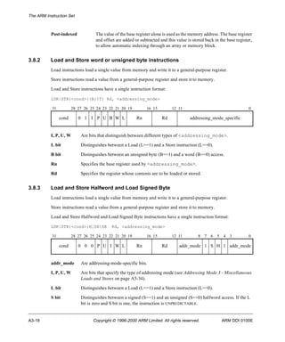 The ARM Instruction Set 
Post-indexed The value of the base register alone is used as the memory address. The base register 
and offset are added or subtracted and this value is stored back in the base register, 
to allow automatic indexing through an array or memory block. 
3.8.2 Load and Store word or unsigned byte instructions 
Load instructions load a single value from memory and write it to a general-purpose register. 
Store instructions read a value from a general-purpose register and store it to memory. 
Load and Store instructions have a single instruction format: 
LDR|STR{<cond>}{B}{T} Rd, <addressing_mode> 
31 28 27 26 25 24 23 22 21 20 19 16 15 12 11 0 
cond 0 1 I P U B W L Rn Rd addressing_mode_specific 
I, P, U, W Are bits that distinguish between different types of <addressing_mode>. 
L bit Distinguishes between a Load (L==1) and a Store instruction (L==0). 
B bit Distinguishes between an unsigned byte (B==1) and a word (B==0) access. 
Rn Specifies the base register used by <addressing_mode>. 
Rd Specifies the register whose contents are to be loaded or stored. 
3.8.3 Load and Store Halfword and Load Signed Byte 
Load instructions load a single value from memory and write it to a general-purpose register. 
Store instructions read a value from a general-purpose register and store it to memory. 
Load and Store Halfword and Load Signed Byte instructions have a single instruction format: 
LDR|STR{<cond>}H|SH|SB Rd, <addressing_mode> 
31 28 27 26 25 24 23 22 21 20 19 16 15 12 11 8 7 6 5 4 3 0 
cond 0 0 0 P U I W L Rn Rd addr_mode 1 S H 1 addr_mode 
addr_mode Are addressing-mode-specific bits. 
I, P, U, W Are bits that specify the type of addressing mode (see Addressing Mode 3 - Miscellaneous 
Loads and Stores on page A5-34). 
L bit Distinguishes between a Load (L==1) and a Store instruction (L==0). 
S bit Distinguishes between a signed (S==1) and an unsigned (S==0) halfword access. If the L 
bit is zero and S bit is one, the instruction is UNPREDICTABLE. 
A3-18 Copyright © 1996-2000 ARM Limited. All rights reserved. ARM DDI 0100E 
 