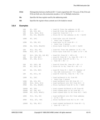 The ARM Instruction Set 
H bit Distinguishes between a halfword (H==1) and a signed byte (H==0) access. If the S bit and 
H bit are both zero, this instruction encodes a SWP or Multiply instruction. 
Rn Specifies the base register used by the addressing mode. 
Rd Specifies the register whose contents are to be loaded or stored. 
3.8.4 Examples 
LDR R1, [R0] ; Load R1 from the address in R0 
LDR R8, [R3, #4] ; Load R8 from the address in R3 + 4 
LDR R12, [R13, #-4] ; Load R12 from R13 - 4 
STR R2, [R1, #0x100] ; Store R2 to the address in R1 + 0x100 
LDRB R5, [R9] ; Load byte into R5 from R9 
; (zero top 3 bytes) 
LDRB R3, [R8, #3] ; Load byte to R3 from R8 + 3 
; (zero top 3 bytes) 
STRB R4, [R10, #0x200] ; Store byte from R4 to R10 + 0x200 
LDR R11, [R1, R2] ; Load R11 from the address in R1 + R2 
STRB R10, [R7, -R4] ; Store byte from R10 to addr in R7 - R4 
LDR R11, [R3, R5, LSL #2] ; Load R11 from R3 + (R5 x 4) 
LDR R1, [R0, #4]! ; Load R1 from R0 + 4, then R0 = R0 + 4 
STRB R7, [R6, #-1]! ; Store byte from R7 to R6 - 1, 
; then R6 = R6 - 1 
LDR R3, [R9], #4 ; Load R3 from R9, then R9 = R9 + 4 
STR R2, [R5], #8 ; Store R2 to R5, then R5 = R5 + 8 
LDR R0, [PC, #40] ; Load R0 from PC + 0x40 (= address of 
; the LDR instruction + 8 + 0x40) 
LDR R0, [R1], R2 ; Load R0 from R1, then R1 = R1 + R2 
LDRH R1, [R0] ; Load halfword to R1 from R0 
; (zero top 2 bytes) 
LDRH R8, [R3, #2] ; Load halfword into R8 from R3 + 2 
LDRH R12, [R13, #-6] ; Load halfword into R12 from R13 - 6 
STRH R2, [R1, #0x80] ; Store halfword from R2 to R1 + 0x80 
LDRSH R5, [R9] ; Load signed halfword to R5 from R9 
LDRSB R3, [R8, #3] ; Load signed byte to R3 from R8 + 3 
LDRSB R4, [R10, #0xC1] ; Load signed byte to R4 from R10 + 0xC1 
LDRH R11, [R1, R2] ; Load halfword into R11 from address 
; in R1 + R2 
STRH R10, [R7, -R4] ; Store halfword from R10 to R7 - R4 
LDRSH R1, [R0, #2]! ; Load signed halfword R1 from R0 + 2, 
; then R0 = R0 + 2 
ARM DDI 0100E Copyright © 1996-2000 ARM Limited. All rights reserved. A3-19 
 
