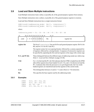 The ARM Instruction Set 
3.9 Load and Store Multiple instructions 
Load Multiple instructions load a subset, or possibly all, of the general-purpose registers from memory. 
Store Multiple instructions store a subset, or possibly all, of the general-purpose registers to memory. 
Load and Store Multiple instructions have a single instruction format: 
LDM{<cond>}<addressing_mode> Rn{!}, <registers>{^} 
STM{<cond>}<addressing_mode> Rn{!}, <registers>{^} 
where: 
<addressing_mode> = IA | IB | DA | DB | FD | FA | ED | EA 
31 28 27 26 25 24 23 22 21 20 19 16 15 0 
cond 1 0 0 P U S W L Rn register list 
register list The list of <registers> has one bit for each general-purpose register. Bit 0 is for 
R0, and bit 15 is for R15 (the PC). 
The register syntax list is an opening bracket, followed by a comma-separated list 
of registers, followed by a closing bracket. A sequence of consecutive registers can 
be specified by separating the first and last registers in the range with a minus sign. 
P, U, and W bits These distinguish between the different types of addressing mode (see Addressing 
Mode 4 - Load and Store Multiple on page A5-48). 
S bit For LDMs that load the PC, the S bit indicates that the CPSR is loaded from the SPSR 
after all the registers have been loaded. For all STMs, and LDMs that do not load the 
PC, it indicates that when the processor is in a privileged mode, the User mode 
banked registers are transferred and not the registers of the current mode. 
L bit This distinguishes between a Load (L==1) and a Store (L==0) instruction. 
Rn This specifies the base register used by the addressing mode. 
3.9.1 Examples 
STMFD R13!, {R0 - R12, LR} 
LDMFD R13!, {R0 - R12, PC} 
LDMIA R0, {R5 - R8} 
STMDA R1!, {R2, R5, R7 - R9, R11} 
ARM DDI 0100E Copyright © 1996-2000 ARM Limited. All rights reserved. A3-21 
 