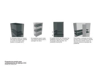 A

                                                                                    B

            É necessário deixar um espaço        As prateleiras devem contar     Os laptops devem ser colocados nas    Para facilitar a instalação dos filtros
            livre entre as travessas verticais   com orifícios internos para a   prateleiras menores (A) e as fontes   de linha, deve ser possível a retirada
            e o fundo do armário, para           passagem de cabos.              de energia e filtros de linha, nas    das travessas verticais, sendo as
            facilitar a circulação de ar.                                        prateleiras maiores (B).              mesmas somente encaixadas nas
                                                                                                                       prateleiras.




Proposta de armário para
armazenamento de laptops UCA
Instituto UFC Virtual, 2010
 
