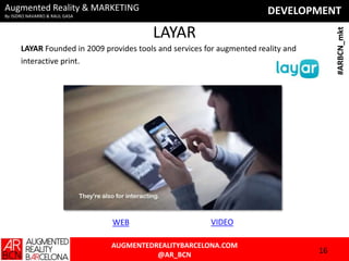 Augmented Reality & MARKETING

DEVELOPMENT

By ISIDRO NAVARRO & RAUL GASA

#ARBCN_mkt

LAYAR
LAYAR Founded in 2009 provides tools and services for augmented reality and
interactive print.

WEB

VIDEO

AUGMENTEDREALITYBARCELONA.COM
@AR_BCN

16

 